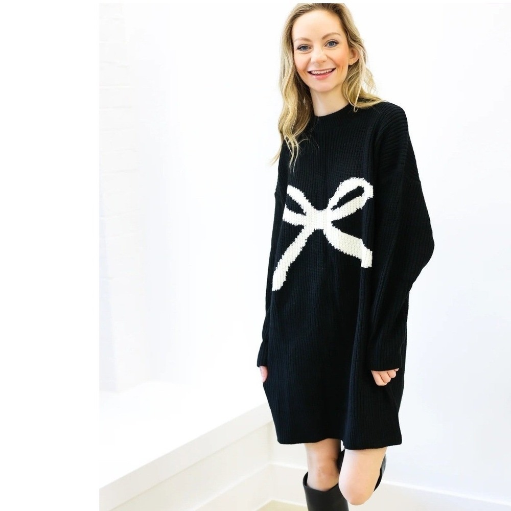 Black Oversized Bow Knit Sweater Dress Long Sleeve Crew Neck SWP50368 Size S